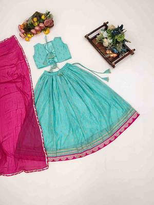 Turquoise blue embroidered thread work ready to wear lehenega choli with dupatta for girls 3