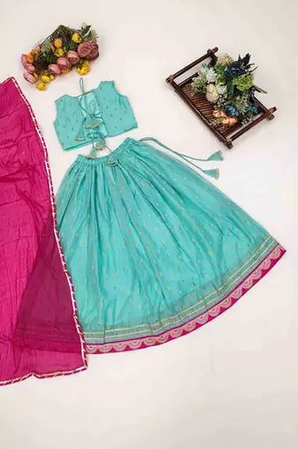 Turquoise blue embroidered thread work ready to wear lehenega choli with dupatta for girls