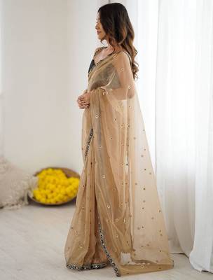 Floral Embroidered Sequinned Net Heavy Work Sarees 3