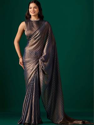 Striped Beads and Stones Organza Saree 1