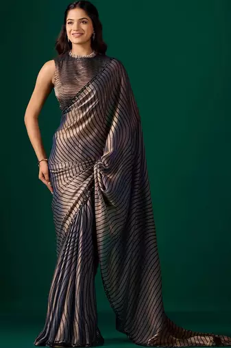 Striped Beads and Stones Organza Saree