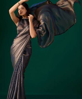 Striped Beads and Stones Organza Saree 3