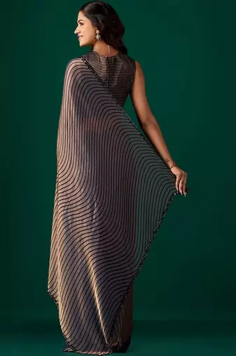 Striped Beads and Stones Organza Saree