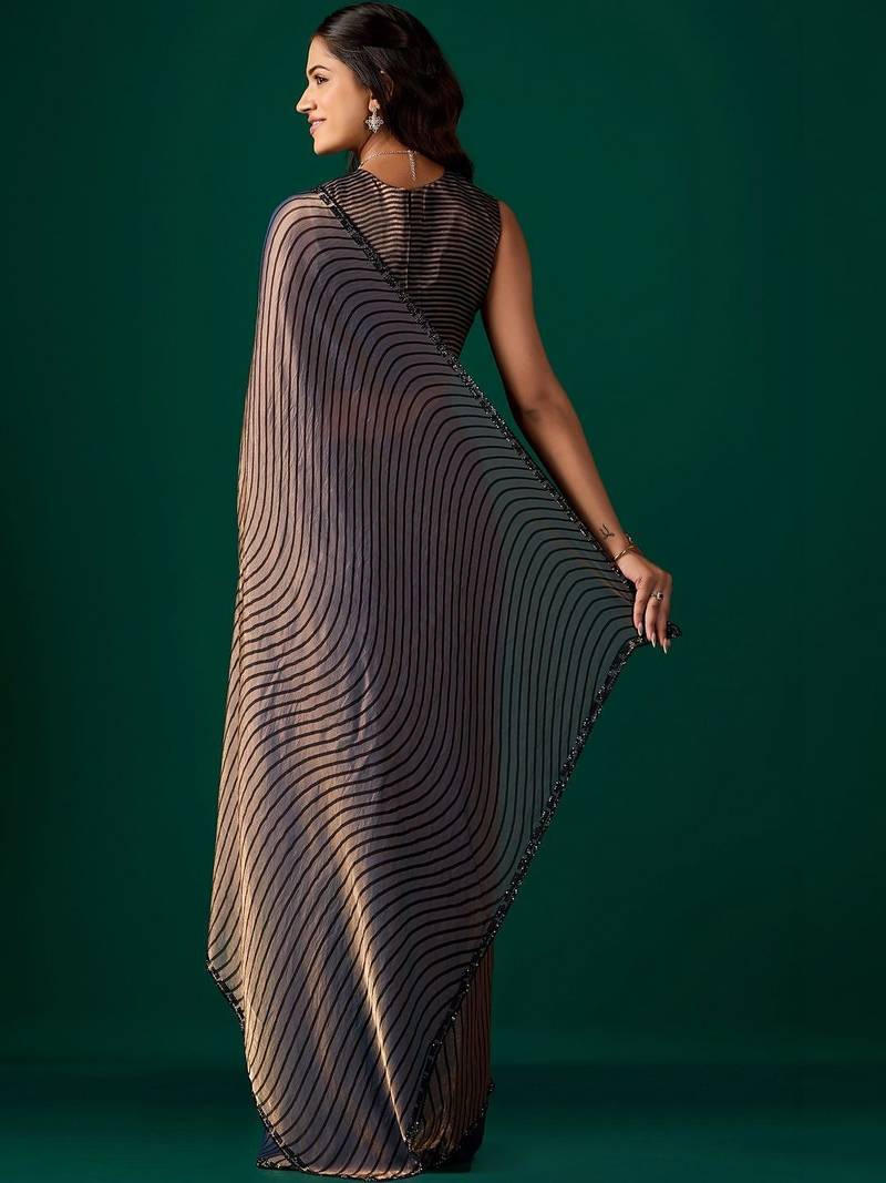 Striped Beads and Stones Organza Saree