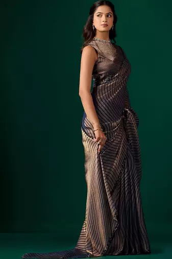 Striped Beads and Stones Organza Saree