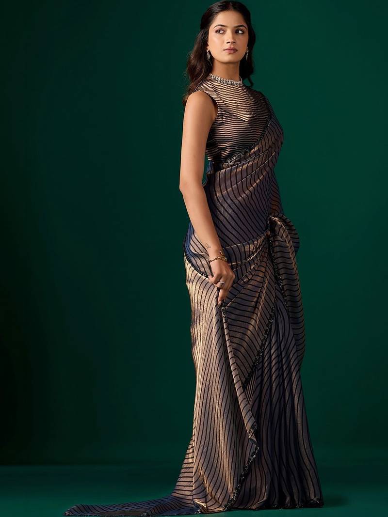 Striped Beads and Stones Organza Saree