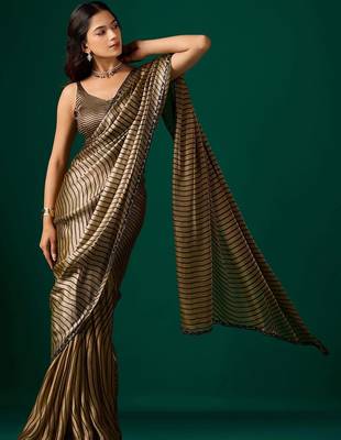 Striped Beads and Stones Organza Saree 1