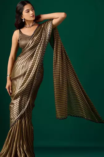 Striped Beads and Stones Organza Saree