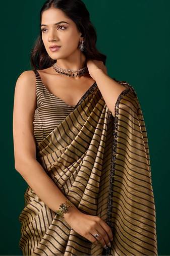 Striped Beads and Stones Organza Saree