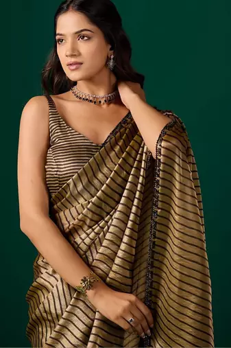 Striped Beads and Stones Organza Saree