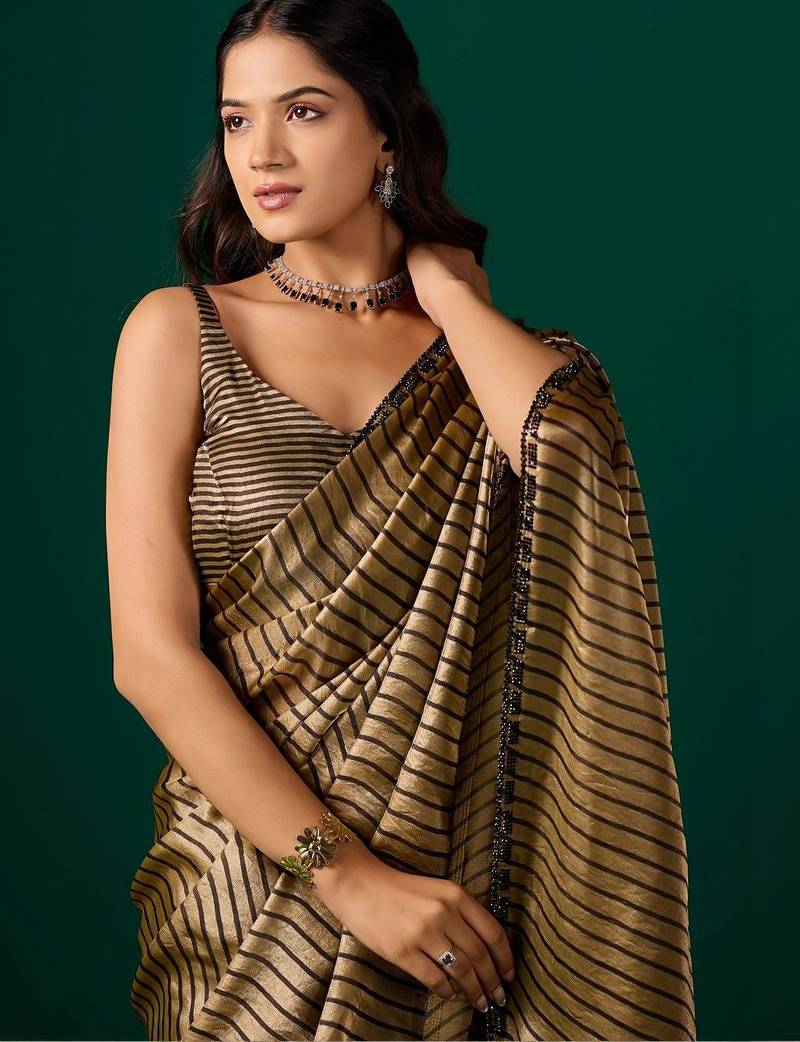 Striped Beads and Stones Organza Saree