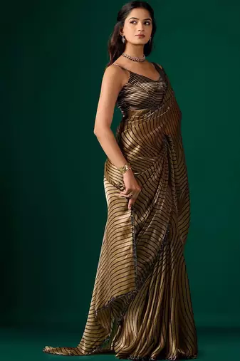 Striped Beads and Stones Organza Saree