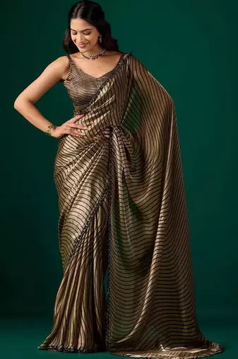 Striped Beads and Stones Organza Saree