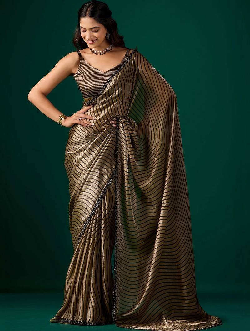 Striped Beads and Stones Organza Saree