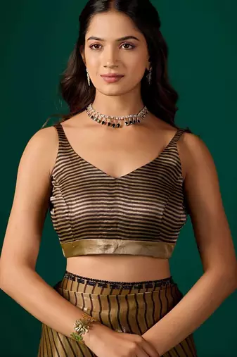 Striped Beads and Stones Organza Saree