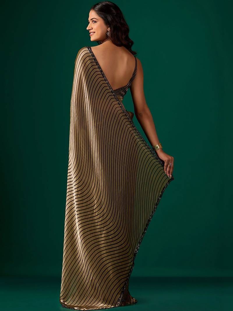 Striped Beads and Stones Organza Saree