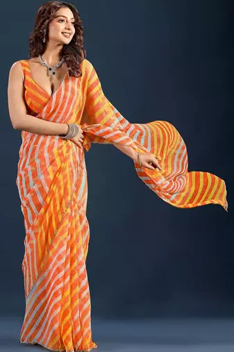 Multicolor Leheriya Printed Chiffon Saree with blouse 