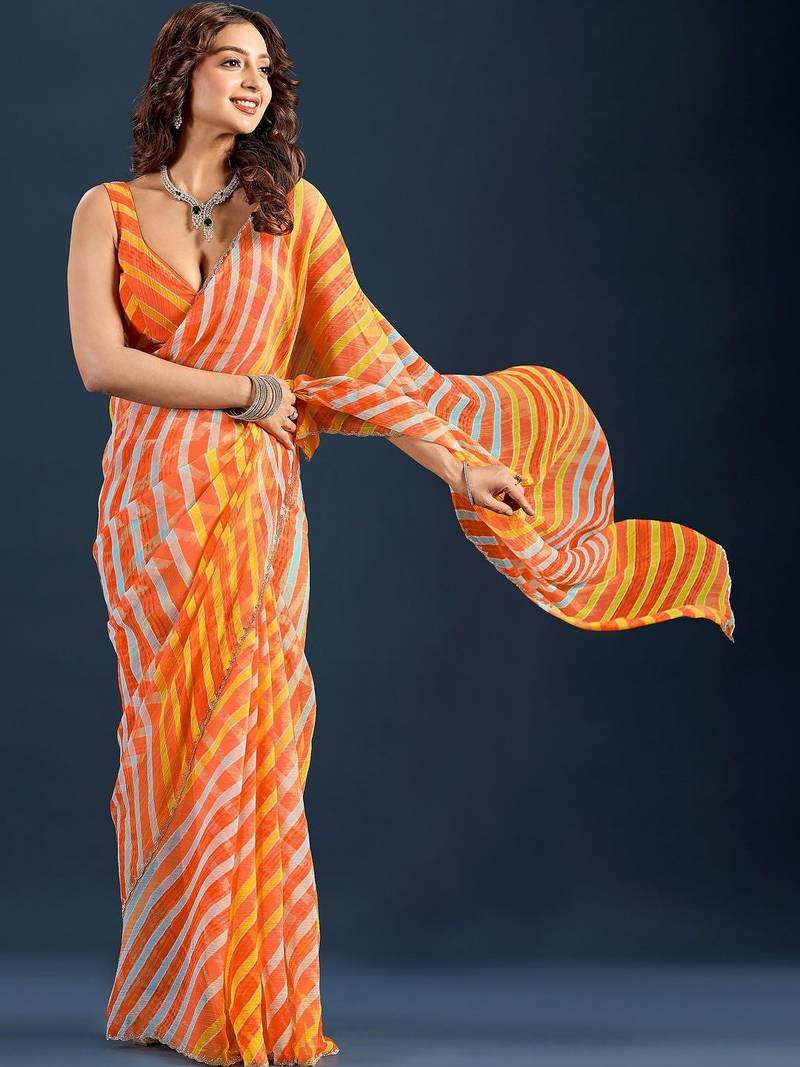 Multicolor Leheriya Printed Chiffon Saree with blouse 
