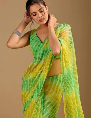 Multicolor Leheriya Beads and Stones work Chiffon Saree with blouse 1