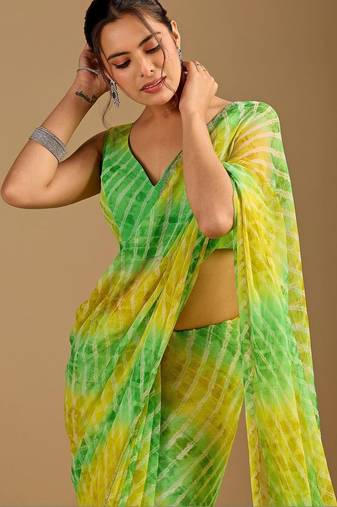 Multicolor Leheriya Beads and Stones work Chiffon Saree with blouse