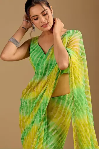 Multicolor Leheriya Beads and Stones work Chiffon Saree with blouse