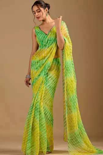 Multicolor Leheriya Beads and Stones work Chiffon Saree with blouse