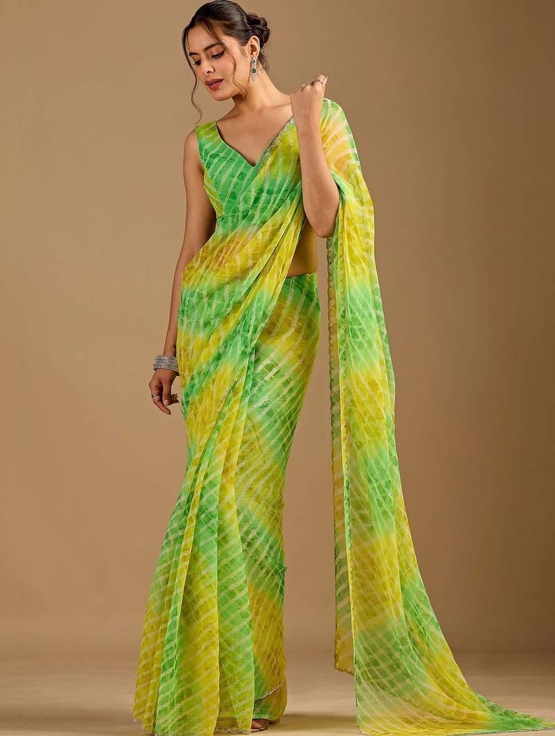 Multicolor Leheriya Beads and Stones work Chiffon Saree with blouse
