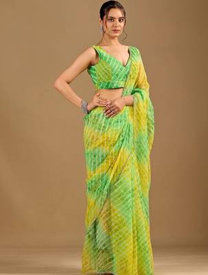 Multicolor Leheriya Beads and Stones work Chiffon Saree with blouse 3