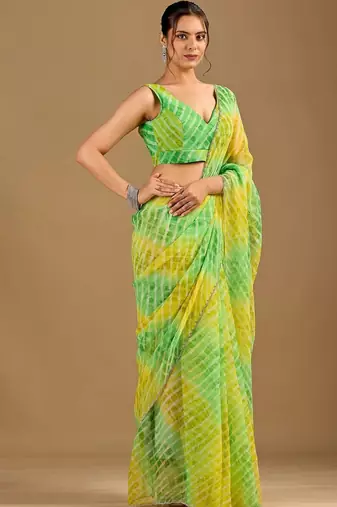 Multicolor Leheriya Beads and Stones work Chiffon Saree with blouse