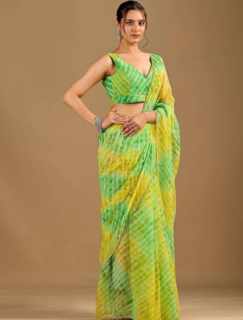 Multicolor Leheriya Beads and Stones work Chiffon Saree with blouse