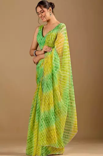 Multicolor Leheriya Beads and Stones work Chiffon Saree with blouse