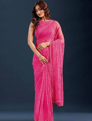 pink Leheriya Beads and Stones work Chiffon Saree with blouse  1