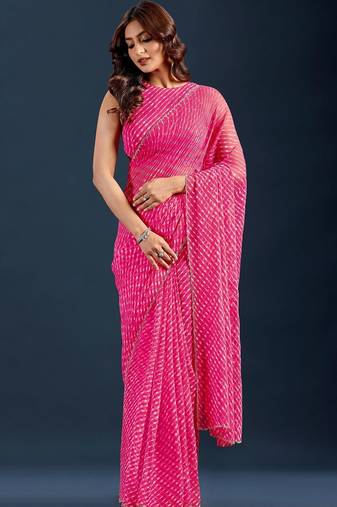 pink Leheriya Beads and Stones work Chiffon Saree with blouse 
