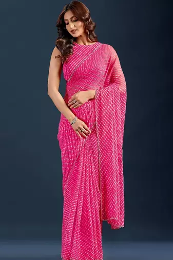 pink Leheriya Beads and Stones work Chiffon Saree with blouse 