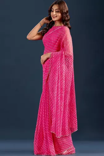 pink Leheriya Beads and Stones work Chiffon Saree with blouse 