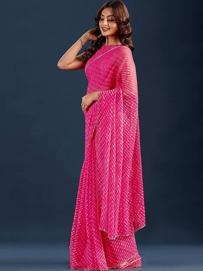 pink Leheriya Beads and Stones work Chiffon Saree with blouse 