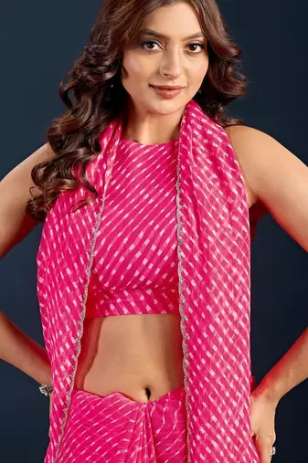 pink Leheriya Beads and Stones work Chiffon Saree with blouse 