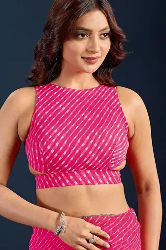 pink Leheriya Beads and Stones work Chiffon Saree with blouse 