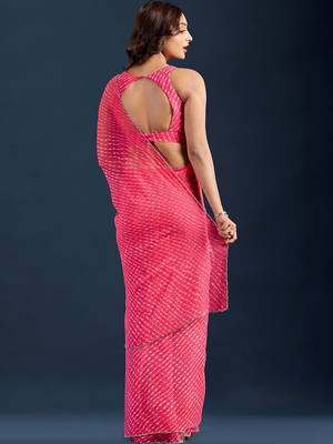 pink Leheriya Beads and Stones work Chiffon Saree with blouse  5