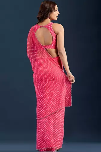 pink Leheriya Beads and Stones work Chiffon Saree with blouse 