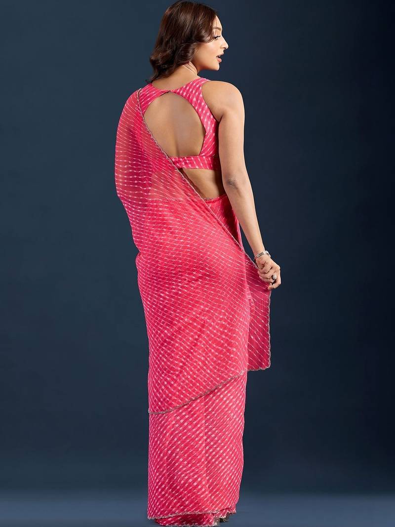 pink Leheriya Beads and Stones work Chiffon Saree with blouse 