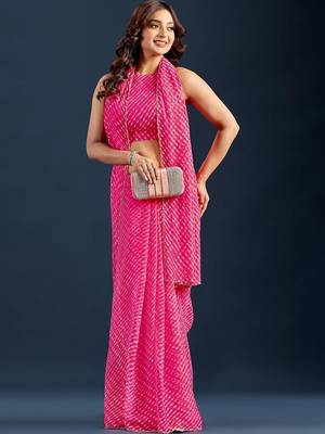 pink Leheriya Beads and Stones work Chiffon Saree with blouse  6