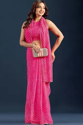 pink Leheriya Beads and Stones work Chiffon Saree with blouse 