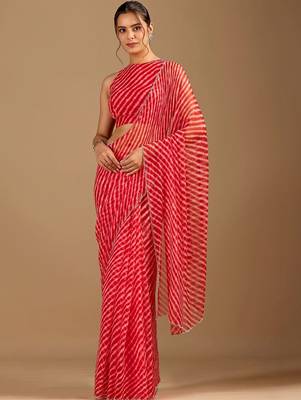 Red Leheriya Beads and Stones work Chiffon Saree with blouse 2