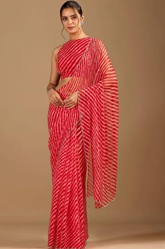 Red Leheriya Beads and Stones work Chiffon Saree with blouse
