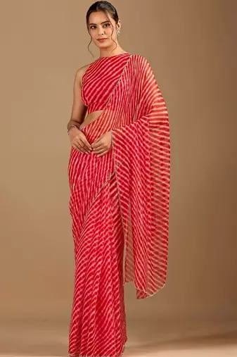 Red Leheriya Beads and Stones work Chiffon Saree with blouse