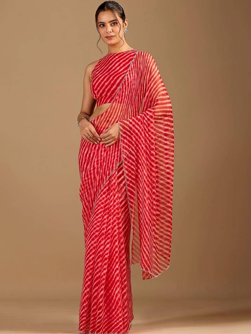 Red Leheriya Beads and Stones work Chiffon Saree with blouse