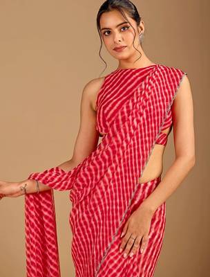 Red Leheriya Beads and Stones work Chiffon Saree with blouse 1