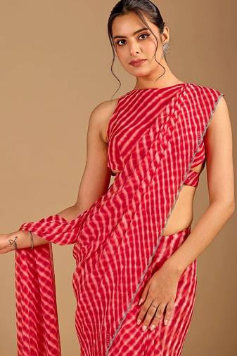 Red Leheriya Beads and Stones work Chiffon Saree with blouse