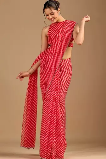 Red Leheriya Beads and Stones work Chiffon Saree with blouse